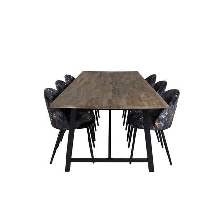 Malang Dining Table - 250*100*H76 - Dark Teak / Black, Velvet Dining Chair -  Black Flower fabric_6