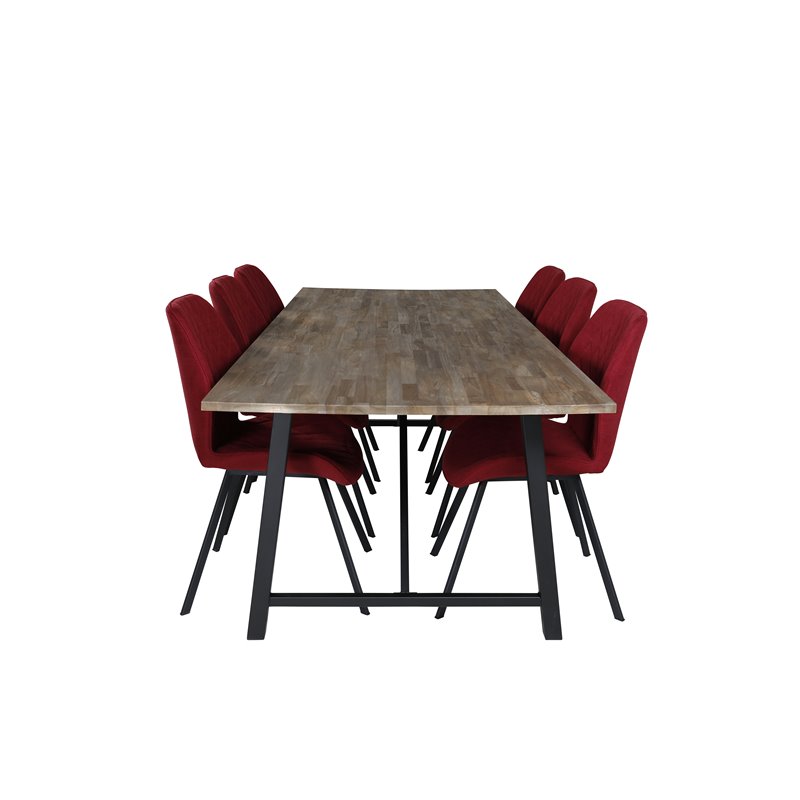 Malang Dining Table - 250*100*H76 - Dark Teak / Black, Gemma Dining Chair - Black Legs - Red Fabric_6