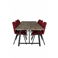 Malang Dining Table - 250*100*H76 - Dark Teak / Black, Gemma Dining Chair - Black Legs - Red Fabric_6