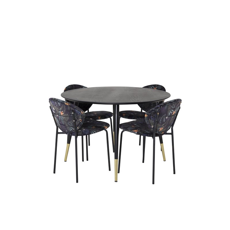 Dipp Dining Table - 115cm - Black / Black Brass, Vault Dining Chair - Black legs - Black Flower printed fabric_4