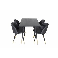 Dipp Dining Table - 120 cm - Black Veneer - Black Legs w, Brass dipp, Velvet Dining Chair w, Stiches - PU - Black / Black_4