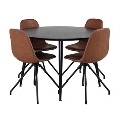 Dipp Dining Table - 115cm - Black Veneer / All black legs , Polar Dining Chair with Spin function - black Legs - Brown PU - Whit