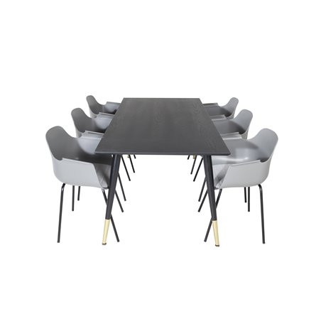 Dipp ruokapöytä - 180 * 90 cm - musta / musta messinki, Comfort Plastic ruokapöydän tuoli - mustat jalat - harmaa Pla Pla