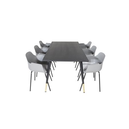 Dipp ruokapöytä - 180 * 90 cm - musta / musta messinki, Comfort Plastic ruokapöydän tuoli - mustat jalat - harmaa Pla Pla