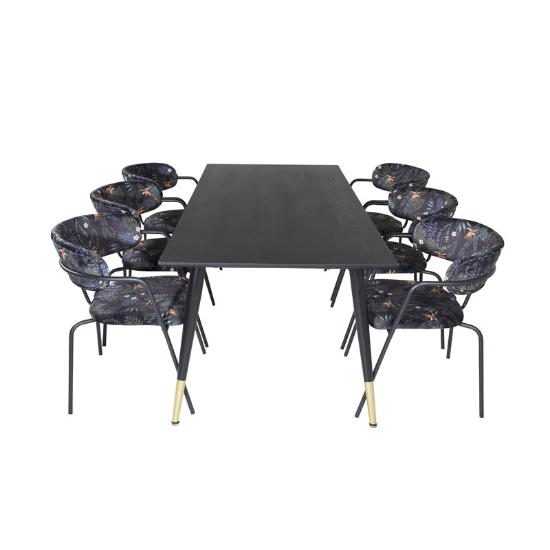 Dipp Dining Table - 180*90cm - Black / Black Brass, Arrow armchair - Black Legs - Black Flower printed Fabric_6