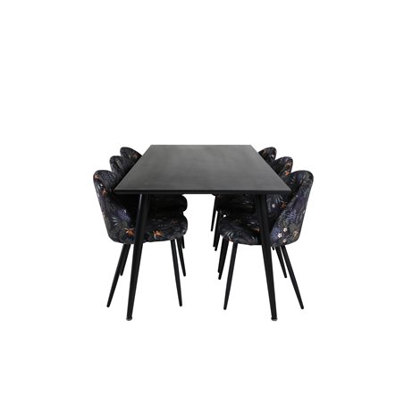 Dipp Dining Table - 180*90cm - Black Veneer / all black legs , Velvet Dining Chair - Black Flower fabric_6