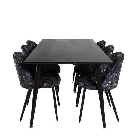 Dipp Dining Table - 180*90cm - Black Veneer / all black legs , Velvet Dining Chair - Black Flower fabric_6