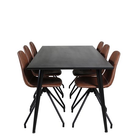 Dipp ruokapöytä - 180 * 90 cm - musta viilu / täysin mustat jalat, Polar-ruokailutuoli spin-toiminnolla - mustat jalat - ruskea 