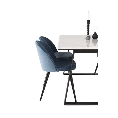 Estelle Spisebord 140 * 90 - Hvid / Sort, Spisebordsstol i fløjl - Blue / Sort_4