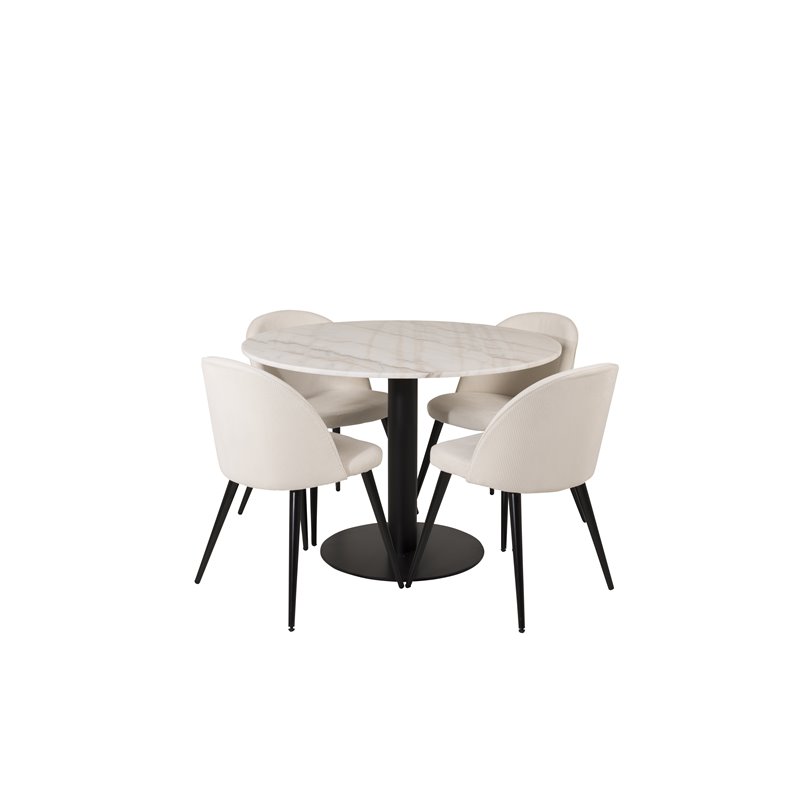 Estelle Rundt Spisebord ø106 H75 - Hvid / Sort, Spisebordsstol Fløjlsfløjl - Beige / Sort_4