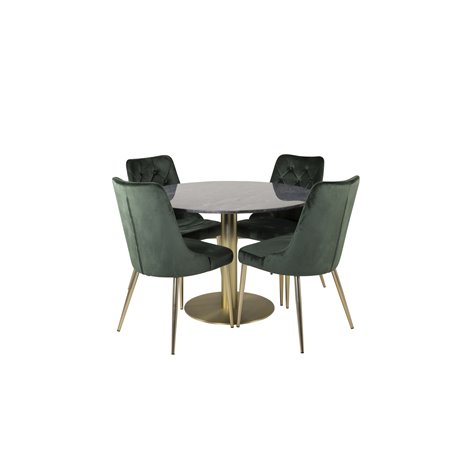 Estelle Round Dining Table ø106 H75 - Black / Brass, Velvet Deluxe Dining Chair - Green / Brass_4