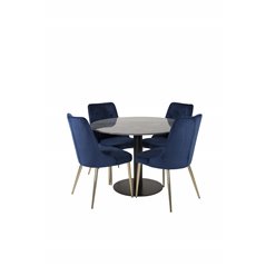 Estelle Round Dining Table ø106 H75 - Black / Black, Velvet Deluxe Dining Chair - Blue / Brass_4