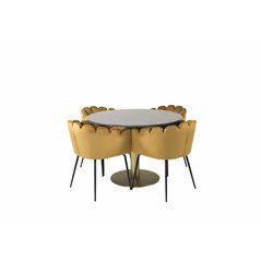 Estelle Round Dining Table ø106 H75 - Black / Brass, Limhamn - Chair - Gold Velvet_4