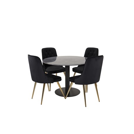 Estelle Round Dining Table ø106 H75 - Black / Black, Velvet Deluxe Dining Chair - Black / Brass_4