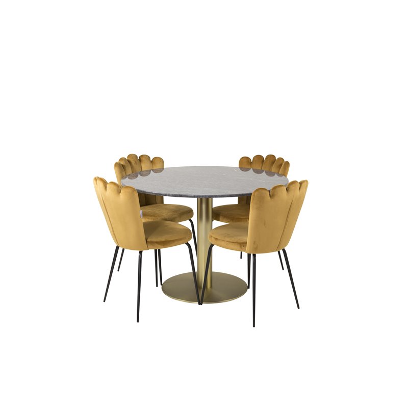 Estelle Round Dining Table ø106 H75 - Black / Brass, Limhamn Light - Chair - Gold Velvet_4