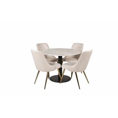 Estelle Round Dining Table ø106 H75 - White / Black, Velvet Deluxe Dining Chair - Beige / Brass_4