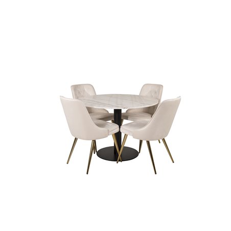 Estelle Round Dining Table ø106 H75 - White / Black, Velvet Deluxe Dining Chair - Beige / Brass_4