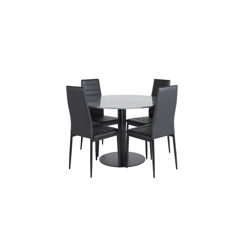 Estelle Rundt Spisebord ø106 H75 - Sort / Sort, Slank Spisebordsstol med høj ryg - Sorte Ben - Sort PU_4