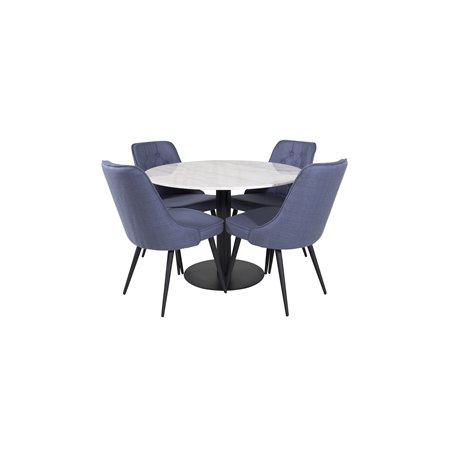 Estelle Round Dining Table ø106 H75 - White / Black, Velvet Deluxe Dining Chair - Black Legs - Blue Fabric_4