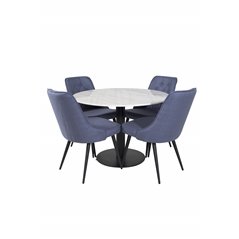 Estelle Round Dining Table ø106 H75 - White / Black, Velvet Deluxe Dining Chair - Black Legs - Blue Fabric_4