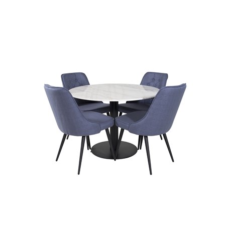 Estelle Round Dining Table ø106 H75 - White / Black, Velvet Deluxe Dining Chair - Black Legs - Blue Fabric_4