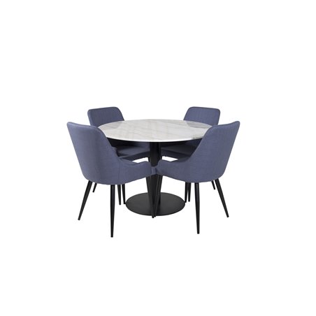 Estelle Round Dining Table ø106 H75 - White / Black, Plaza Dining Chair - Black Legs - Blue Fabric_4