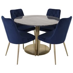 Estelle Round Dining Table ø106 H75 - Black / Brass, Velvet Deluxe Dining Chair - Blue / Brass_4