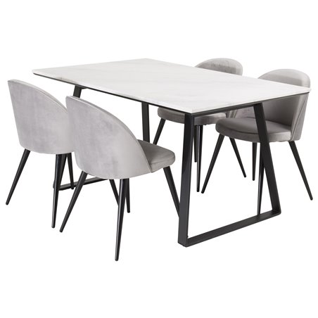 Estelle Spisebord 140 * 90 - Hvid / Sort, Spisebordsstol i fløjl - Lysegrå / Sort_4