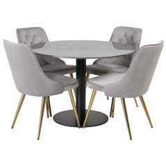 Estelle Round Dining Table ø106 H75 - Black / Black, Velvet Deluxe Dining Chair - Light Grey / Brass_4