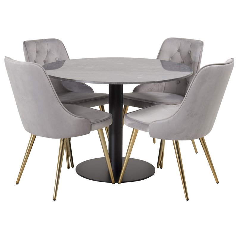 Estelle Round Dining Table ø106 H75 - Black / Black, Velvet Deluxe Dining Chair - Light Grey / Brass_4