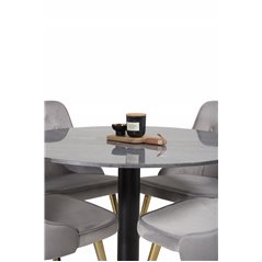 Estelle Round Dining Table ø106 H75 - Black / Black, Velvet Deluxe Dining Chair - Light Grey / Brass_4