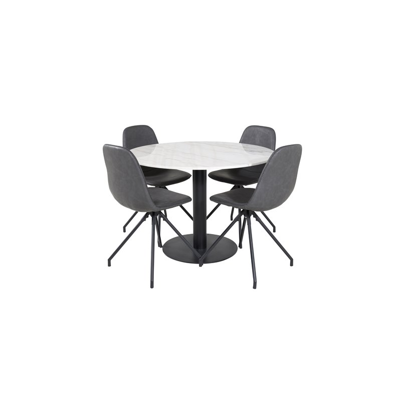Estelle Rundt Spisebord ø106 H75 - Hvid / Sort, Polar Spisestuestol med Spin funktion - sorte Ben - Sort PU - Sort Stitc