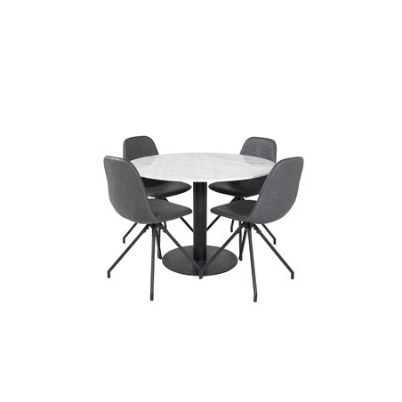 Estelle Round Dining Table ø106 H75 - White / Black, Polar Dining Chair with Spin function - black Legs - Black PU - Black Stitc