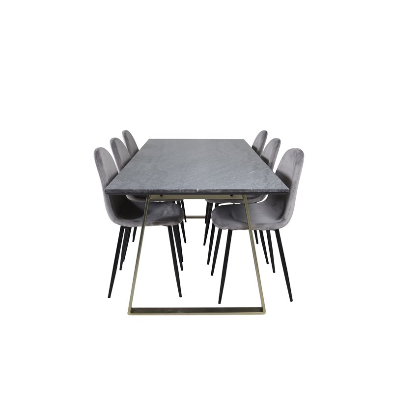 Estelle Spisebord 200 * 90 * H76 - Grå / Messing, Polar Spisestuestol - Sorte ben / Lysegrå Fløjl (erstatter 19902-885) _6