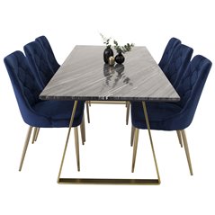 Estelle Dining Table 200*90*H76 - Grey / Brass, Velvet Deluxe Dining Chair - Blue / Brass_6