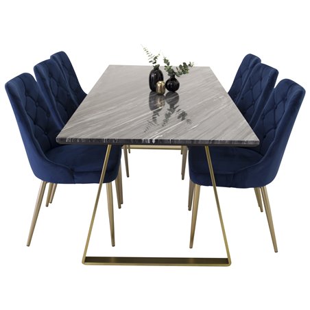 Estelle Dining Table 200*90*H76 - Grey / Brass, Velvet Deluxe Dining Chair - Blue / Brass_6