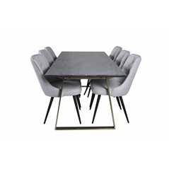 Estelle Dining Table 200*90*H76 - Grey / Brass, Velvet Deluxe Dining Chair - Black Legs - Light Grey Fabric_6