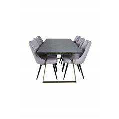 Estelle Dining Table 200*90*H76 - Grey / Brass, Velvet Deluxe Dining Chair - Black Legs - Light Grey Fabric_6