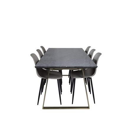 Estelle ruokapöytä 200 * 90 * H76 - harmaa / messinki, Polar Plastic ruokapöydän tuoli - mustat jalat / harmaa Pla Pla