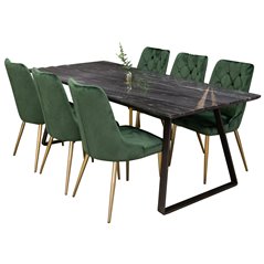 Estelle Dining Table 200*90*H76 - Black / Black, Velvet Deluxe Dining Chair - Green / Brass_6