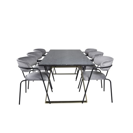 Estelle Dining Table 200*90*H76 - Grey / Brass, Arrow armchair - Black Legs - Grey Velvet_6