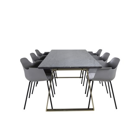 Estelle Dining Table 200*90*H76 - Grey / Brass, Comfort Plastic Dining Chair - Black Legs - Grey Plastic_6