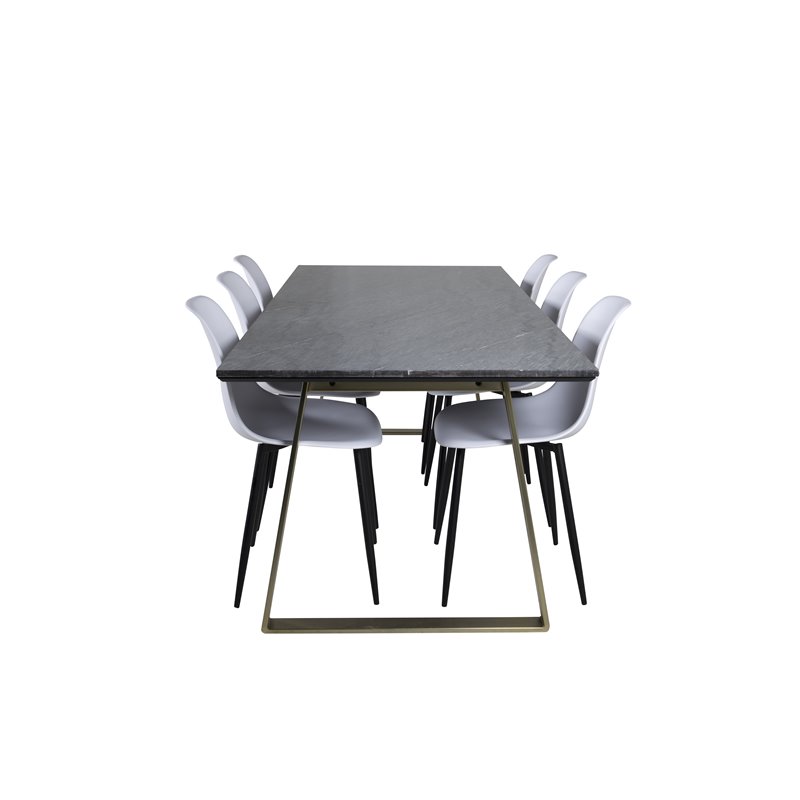 Estelle ruokapöytä 200 * 90 * H76 - harmaa / messinki, Polar Plastic ruokapöydän tuoli - mustat jalat / valkoinen Pla Pla