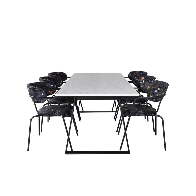 Estelle Dining Table 200*90*H76 - White / Black, Arrow armchair - Black Legs - Black Flower printed Fabric_6