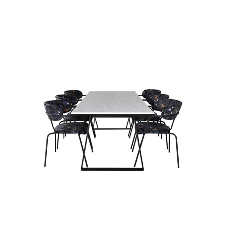 Estelle Dining Table 200*90*H76 - White / Black, Arrow armchair - Black Legs - Black Flower printed Fabric_6