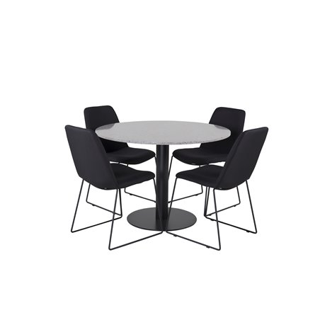 Razzia Dining Table ø106cm - Grey / Black, Muce Dining Chair - Black Legs - Black Fabric_4