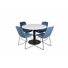 Razzia Dining Table ø106cm - White / Black, Muce Dining Chair - Black Legs - Blue Velvet_4