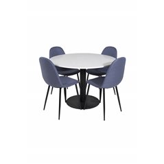 Razzia Dining Table ø106cm - White / Black, Polar Dining Chair - Black Legs - Blue Fabric_4