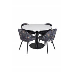Razzia Spisebord ø106cm - Hvid / Sort, Spisebordsstol i fløjl - Sort Blomsterstof_4