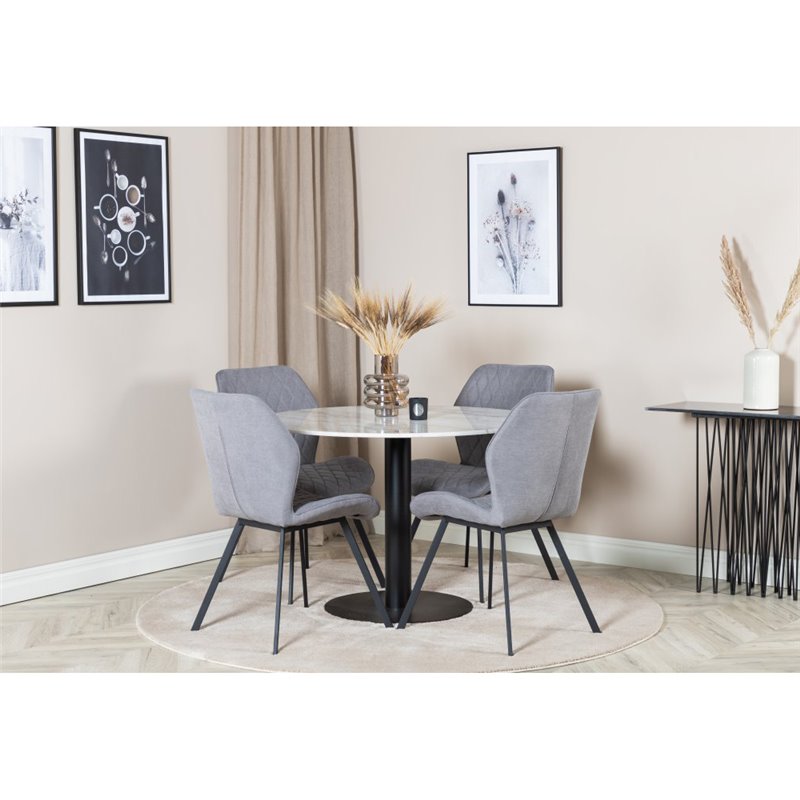 Estelle Round Dining Table ø106 H75 - White / Black, Gemma Dining Chair - Black Legs - Grey Fabric_4